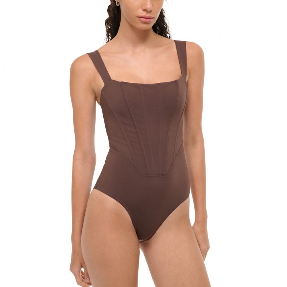 STAUD Adelaide One Piece Swimsuit Dark Chocolate Corset Seam Brown Small NEW
